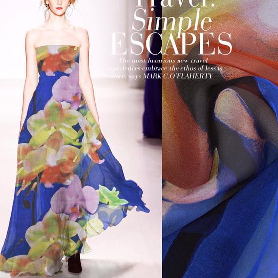 570x570 Watercolor Large Floral Print 100% Silk Blue Chiffon Fabric Etsy