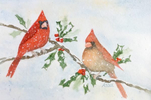 600x400 My Watercolor Christmas Card Of Cardinals Sketching And Painting