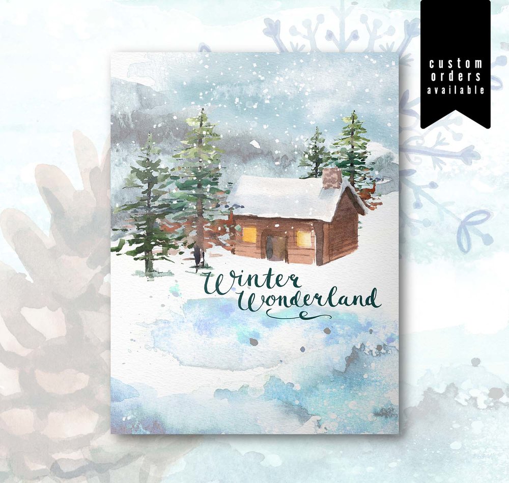 1000x950 Watercolor Christmas Card Set Winter Wonderland Cabin No. 2112