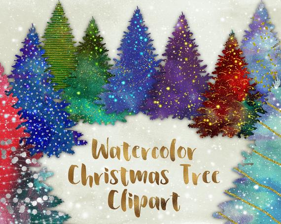 570x456 Christmas Tree Clipart Watercolor Christmas Trees Glitter Etsy