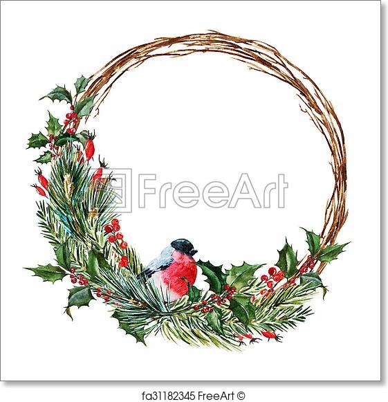 561x581 Free Art Print Of Raster Watercolor Christmas Wreath. Beautiful