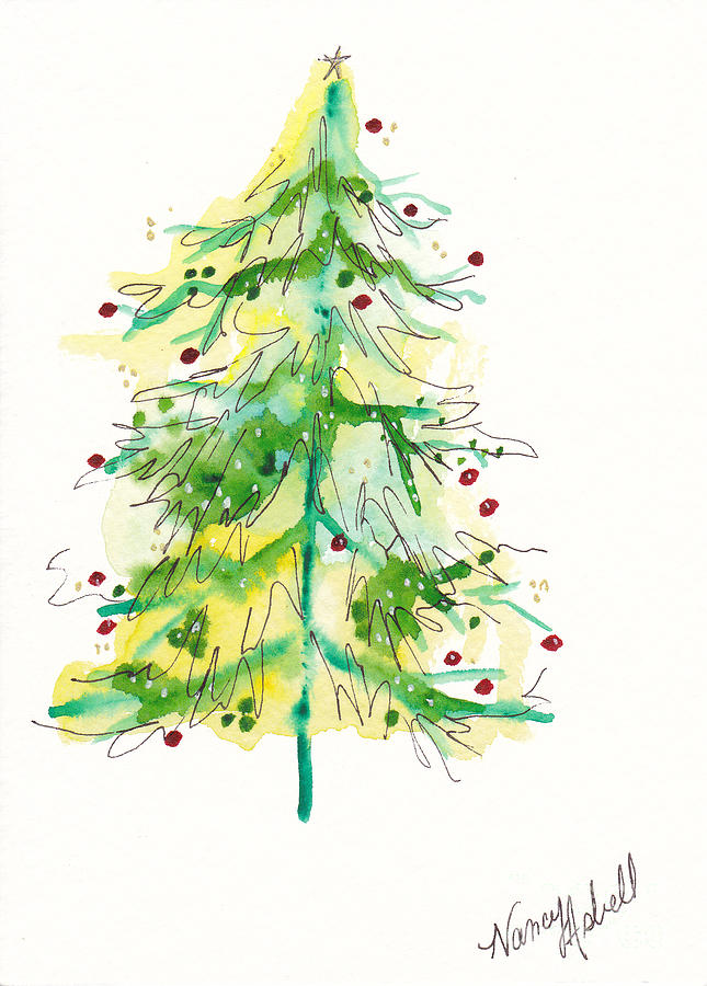 645x900 Green Watercolor Christmas Tree Painting By Michele Hollister
