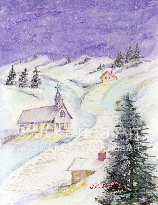 550x714 Starry Night Christmas Church Painting