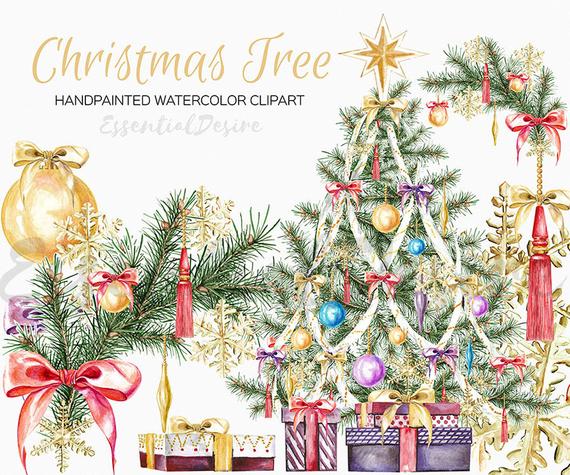 570x475 Watercolor Christmas Clipart Christmas Tree Diy Clipart Etsy