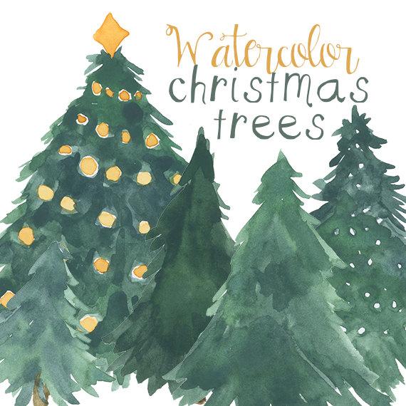 570x570 Watercolor Christmas Tree Clip Art For Scrapbooking Holiday Etsy