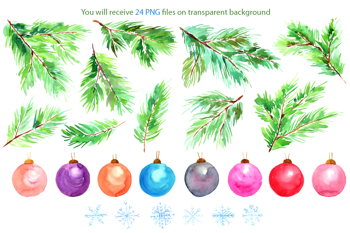 1160x772 Watercolor Christmas Tree Branches, Snowflakes, Toys Balls Png Set