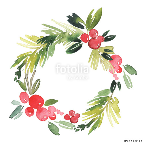 500x500 Christmas Wreath Watercolor. Handmade. Holiday Card. Stock Photo