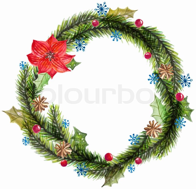 800x769 Green Watercolor Christmas Wreath With Decorations Over White