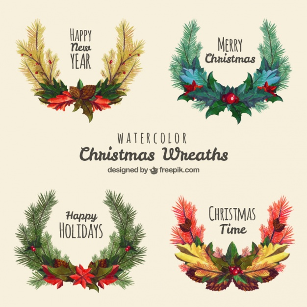 626x626 Pack Of Four Christmas Wreaths In Watercolor Style Vector Free