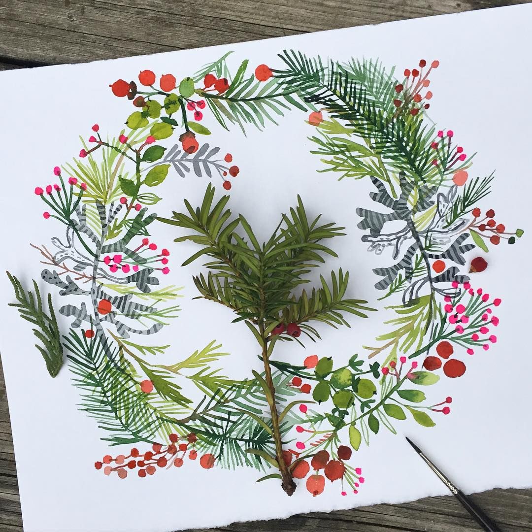 1080x1080 Watercolor Christmas Wreath, Painted In Classic Red And Green