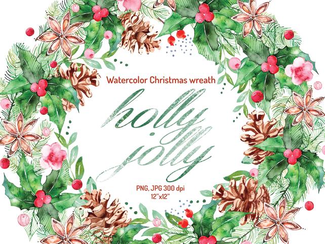642x482 Watercolor Christmas Wreath Christmas Wreath Clipart Etsy