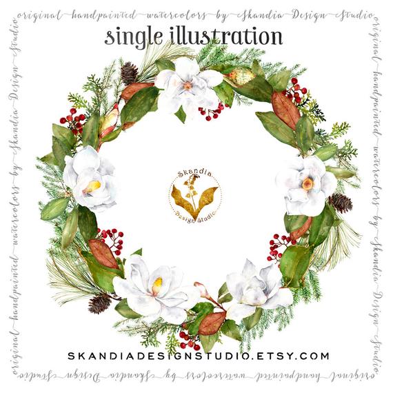 570x570 Christmas Wreath Clipart Watercolor Flowers Christmas Etsy