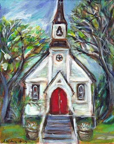 400x505 Little Cute Whimsical Church Chapel 8 X 10 Original Painting Art