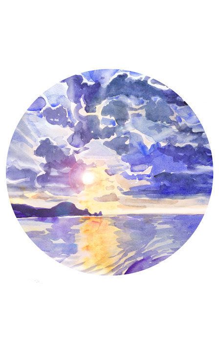 448x730 Sunset Painting Circle Art Sunrise Wall Art Ocean Watercolor