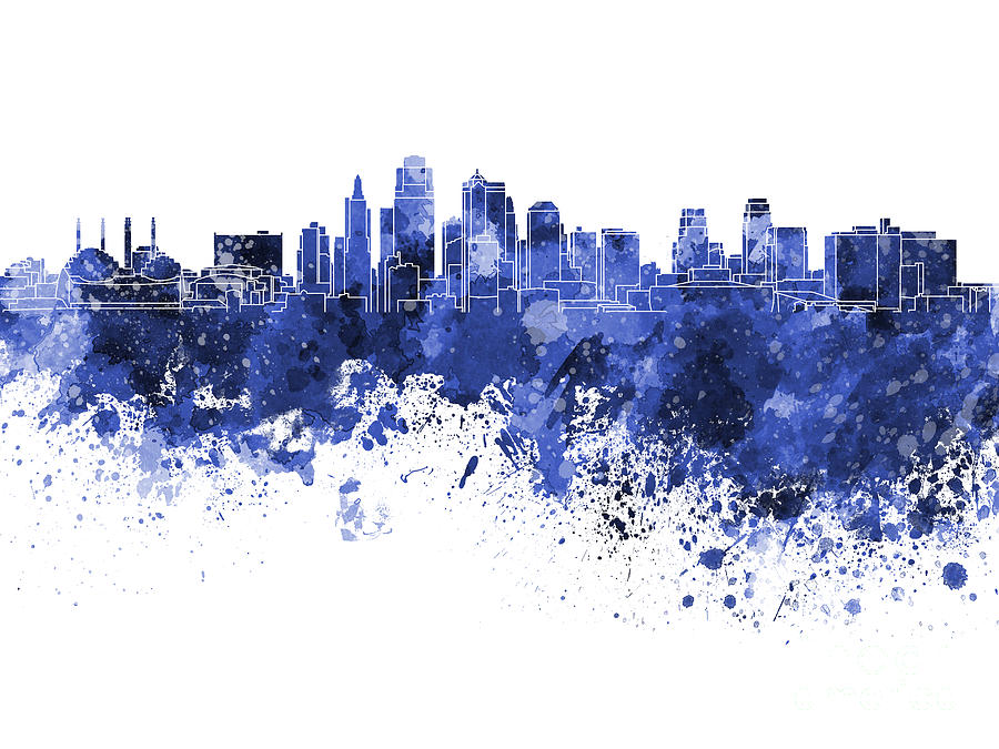 900x675 Kansas City Skyline In Blue Watercolor On White Background