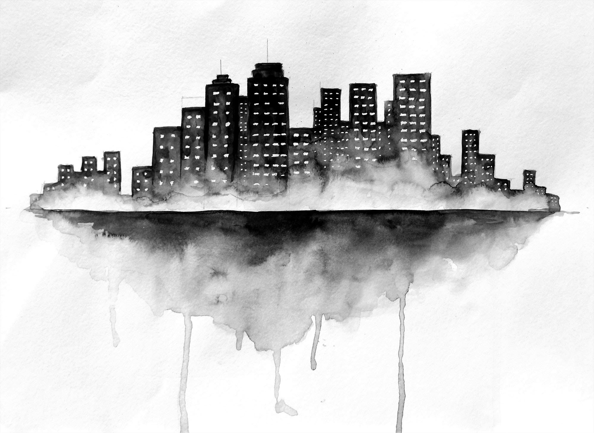 2000x1458 City Skyline Watercolor Painting