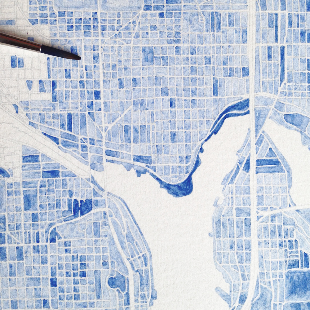 1000x1000 Seattle Watercolor City Blocks Map Original Painting (Commission