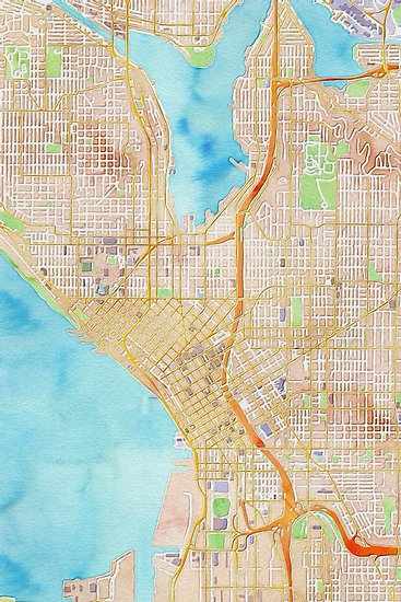 367x550 Seattle City Center Watercolor Map Posters By Mapcandy Redbubble