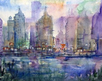 340x270 Park Steps Print Of Original Watercolor Painting Cityscape