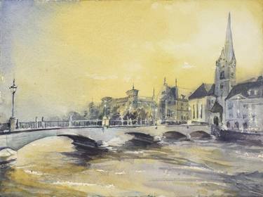 375x280 Watercolor Painting Of Medieval City Of Zurich, Switzerland