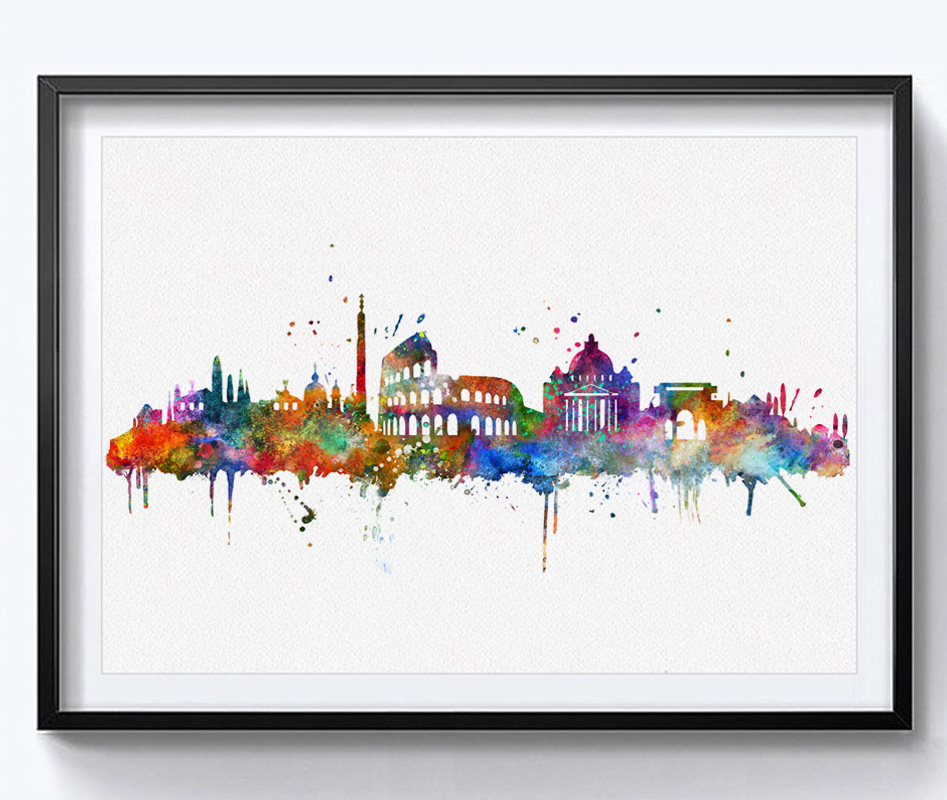 947x800 Rome City Skyline Building Watercolor Poster Italy Silhouette