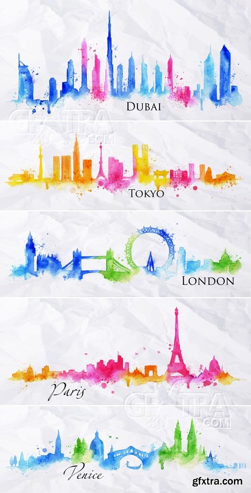 500x982 Watercolor City Skyline Vector Vector, Photoshop Psdafter