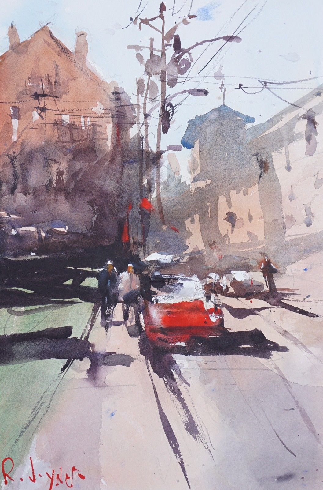1057x1600 Original Watercolor Cityscape Painting, Urban Art, Expressive