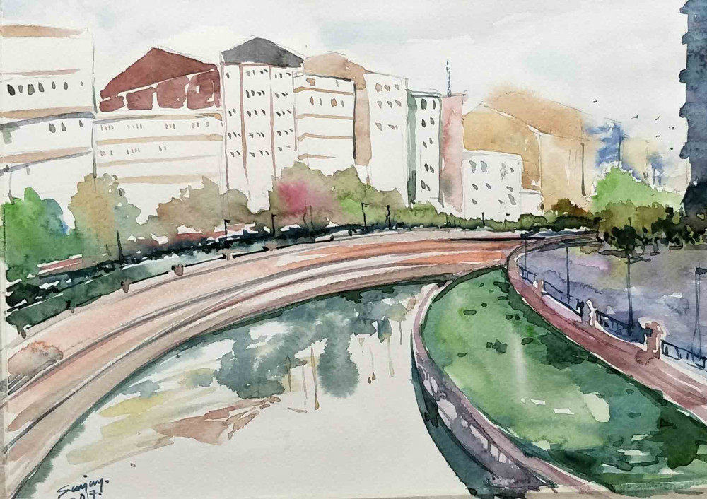 1000x706 Watercolor Cityscape, Painting By Sanjay Das Landscape Artwork