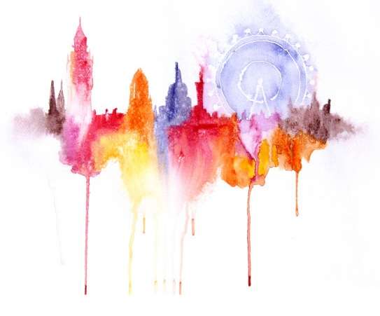 543x451 Dripping Watercolor Cityscapes Skyline Art