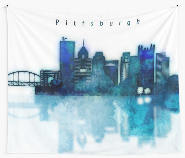 705x602 Watercolor Cityscape Of Pittsburgh City, Skyline In Blue Wall
