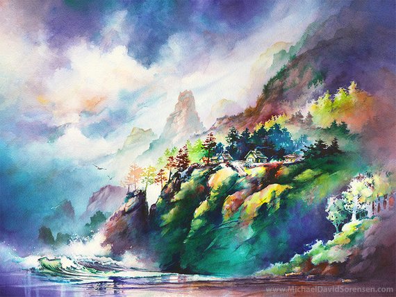 570x428 Pacific Cliffs Watercolor Art Print. Ocean Painting. Beach