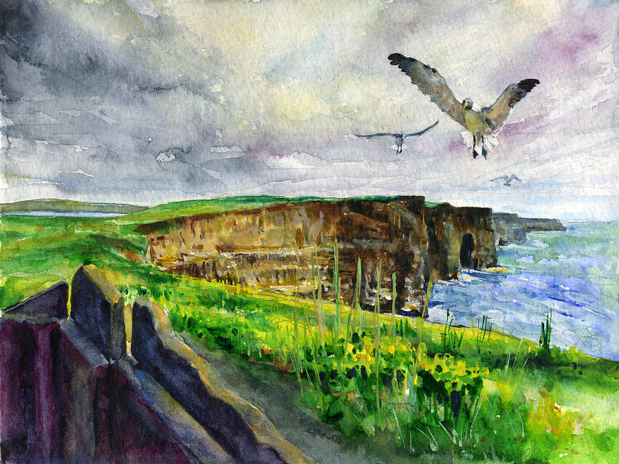 900x675 Seagulls At The Cliffs Of Moher Painting By John D Benson