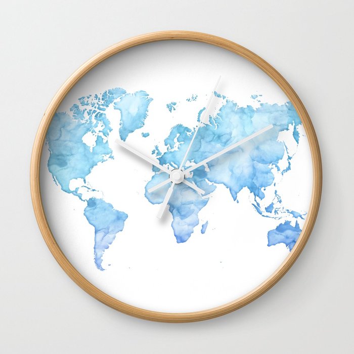 700x700 Light Blue Watercolor World Map Wall Clock By Blursbyaishop Society6