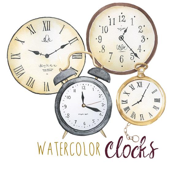 570x570 Watercolor Clocks Clip Art Clock Clipart Watchface Art Etsy