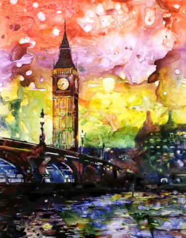 375x478 Watercolor Painting On Yupo Synthetic Paper Of Big Ben (Clock