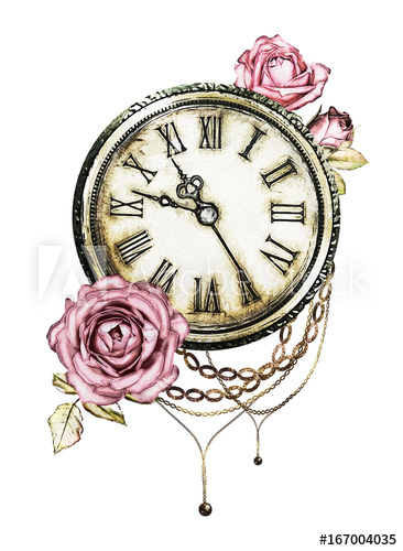 366x500 Watercolor Illustration With Pink Roses, Chain, Clock. Gothic
