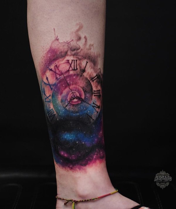 600x714 Watercolor Clock Tattoo Design