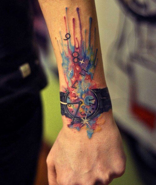 500x593 Watercolor Clock Tattoo On Left Wrist