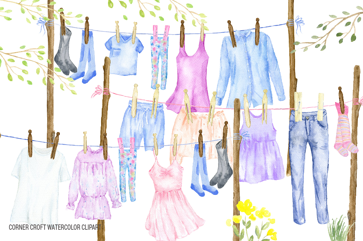 1160x772 Watercolor Washing Line Clipart, Clothes Line Clipart By