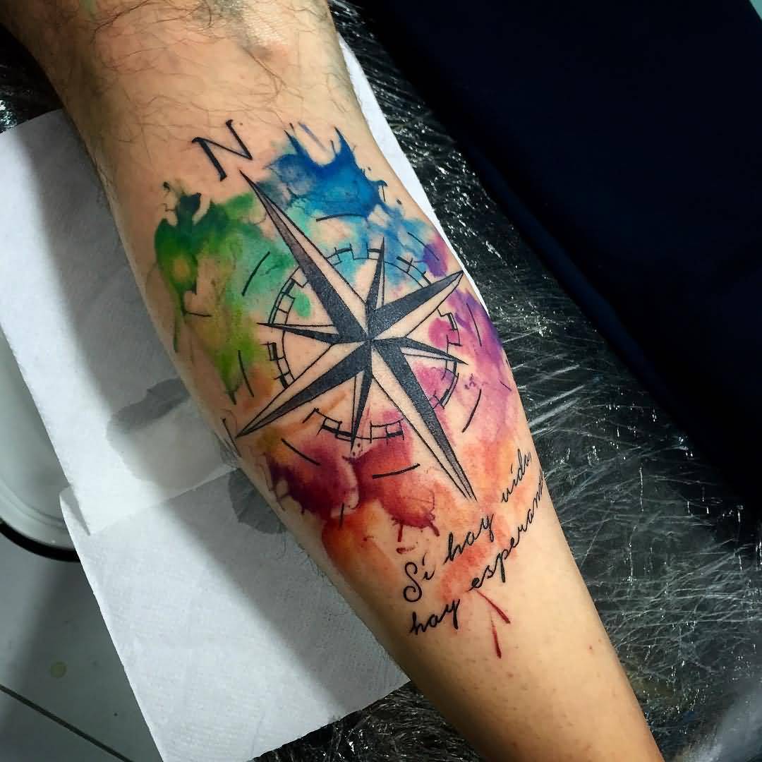 1080x1080 Watercolor Compass Tattoo Design On Leg Calf