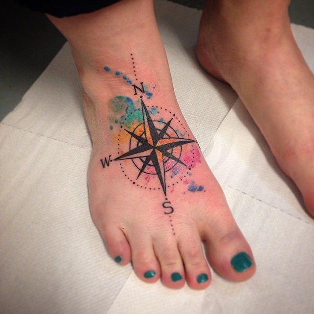 640x640 Watercolor Compass Tattoo On Girl Right Foot