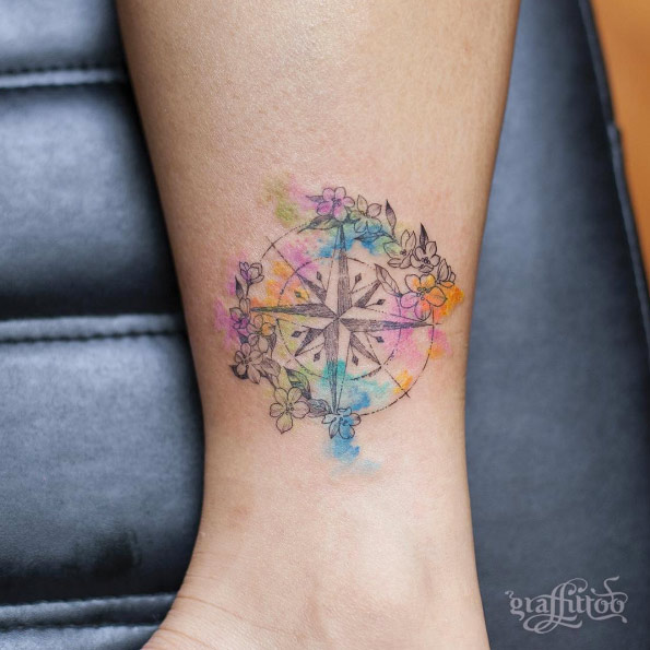 595x595 Floral Watercolor Compass Tattoo