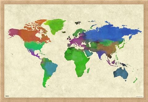 480x329 Colourful Continents, World Map Watercolor Poster