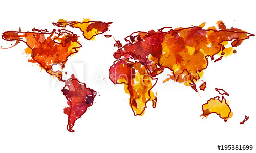 500x300 2d Hand Drawn Illustration Of World Map. Red Yellow Splash