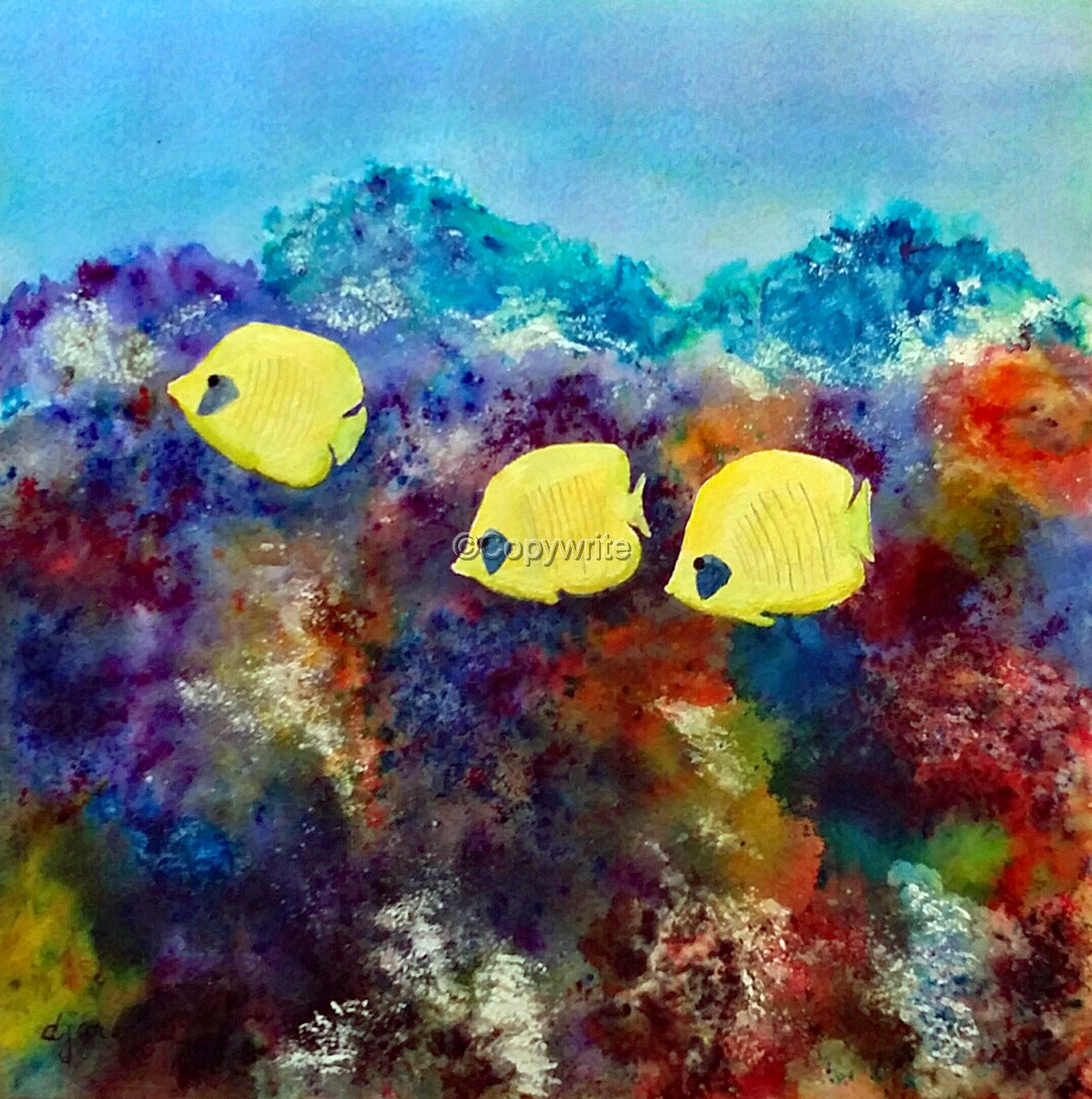 1192x1200 Marine Watercolor Paintings Three Yellow Fish In Coral Reef By