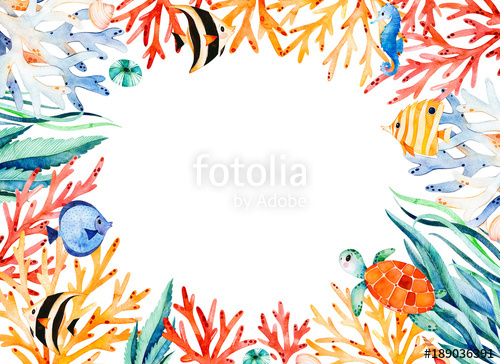 500x364 Oceanic Watercolor Frame Border With Cute Turtle,seaweed,coral