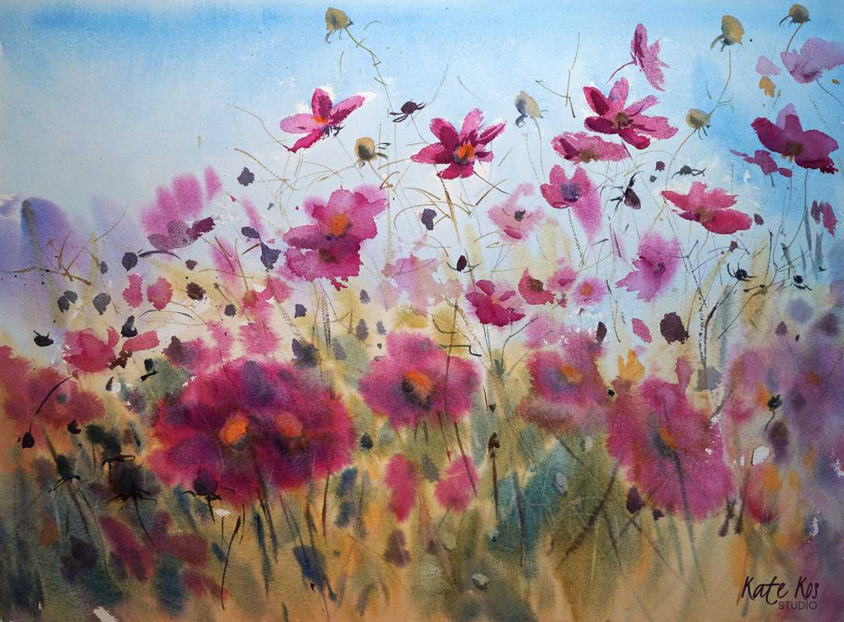 1222x900 2016 Art Watercolor Floral Painting Cosmos Meadow By Kate Kos