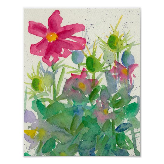 540x540 Pink Cosmos Nigella Watercolor Flower Painting Poster