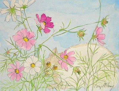400x308 Cosmos Flowers Amp Crouching Cat, By Caryl Mcharney, Original