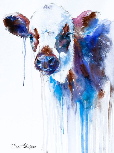 449x600 Cow Watercolor Painting Print By Slaveika Aladjova, Animal Art